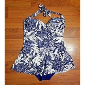 Rose Marie Reid One Piece Swimsuit w Skirt XXL Halter Top Blue White Rouched T36